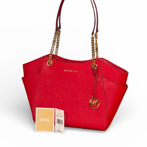NWT Michael Kors Jet Set Travel Bright Red LG Chain Shoulder Bag Leather - Picture 2 of 16